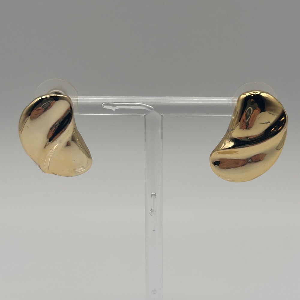 Gold Tone Bean Stud Pierced Earrings Modern Sculptural Statement Textured